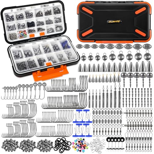 PLUSINNO 264/397pcs Fishing Accessories Kit, Organized Fishing Tackle Box with Tackle Included, Fishing Hooks, Fishing Weights Sinkers, Swivels, Beads, Fishing Gear Set Equipment for Bass Trout